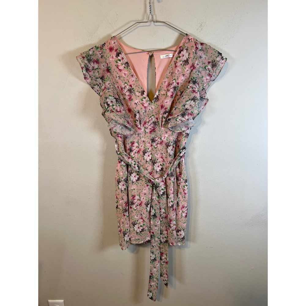 KTK Women Romper Floral Ruffle Sleeve Pink Small